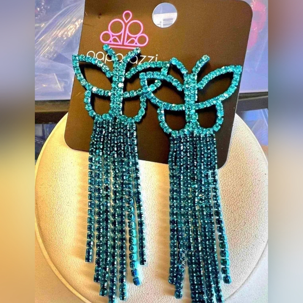 Teal Crystal Butterfly Fringe Earrings
